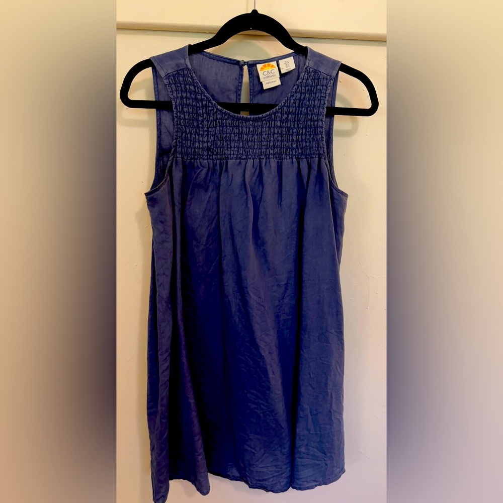 C&C California Linen Smocked Dress in Slate Blue